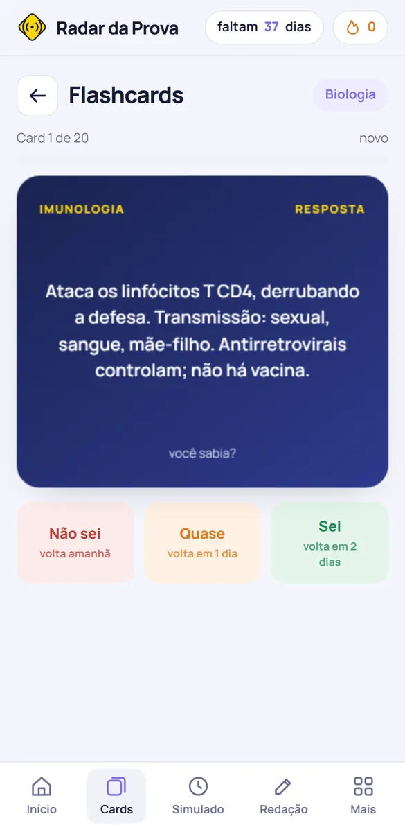 Tela de flashcards no celular: a resposta do card e os botões Não sei, Quase e Sei