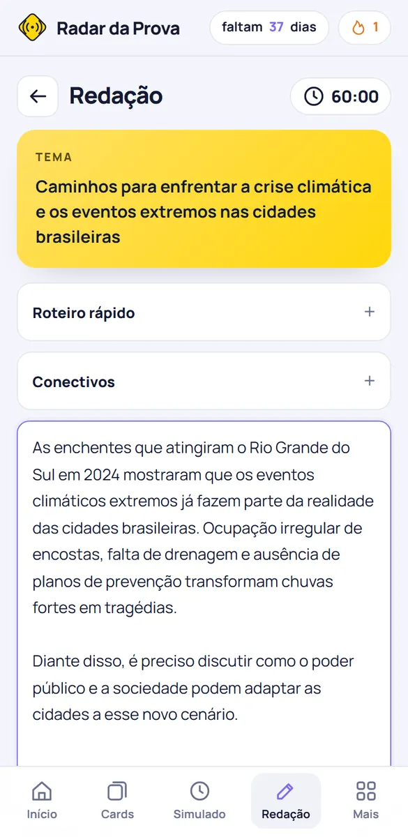 Tela de redação no celular: o tema, o cronômetro e o texto sendo escrito